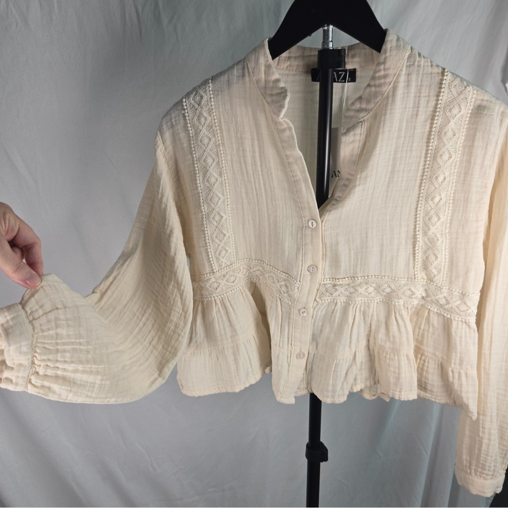 Ivory Cotton Gauze Lace Peplum Top Sz S Boho Romantic Cottagecore Prairie Casual